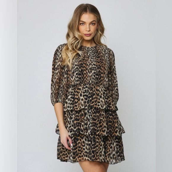 GANNI Pleated Leopard Print Georgette Mini Dress, Size M - Picture 2 of 16